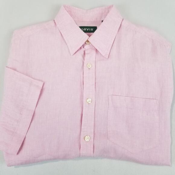 Orvis Shirt Mens Medium Pink 100% Linen Short Sleeve Button Front Summer Casual - Picture 1 of 11